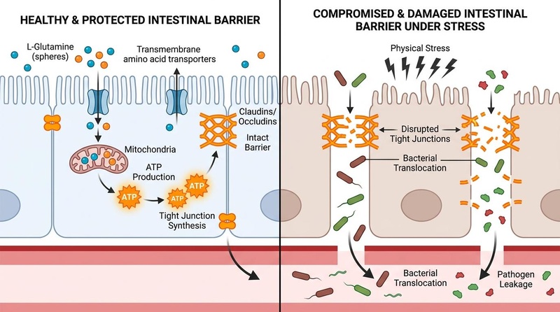 Cellular role of L-glutamine in enterocyte metabolism and tight junction maintenance