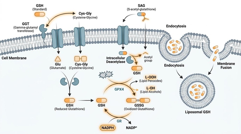 A detailed scientific diagram illustrating the cellular uptake of liposomal GSH, S-acetyl-glutathione (SAG), and standard GSH, and the intracellular GPX4-mediated lipid peroxide reduction (L-OOH to L-OH) redox cycle.