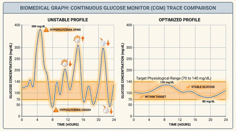 Continuous Glucose Monitor CGM trace comparison of unstable versus optimized glycemic profiles