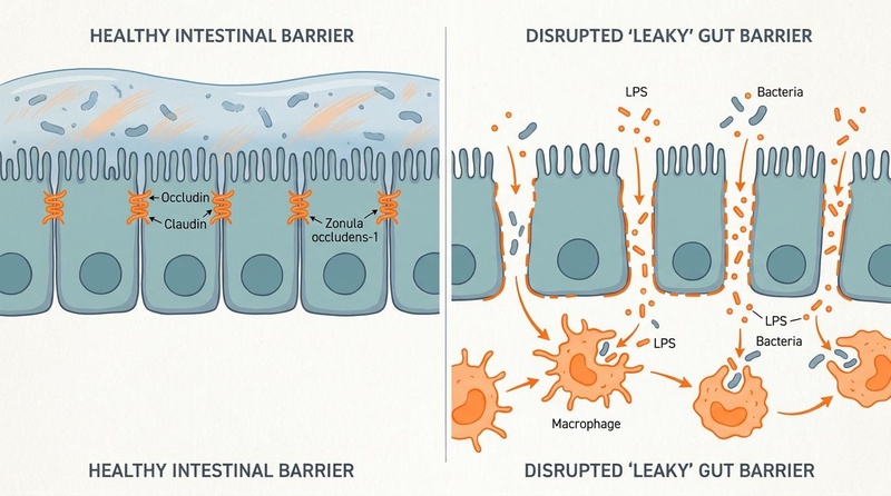 The Intestinal Epithelial Barrier comparing healthy tight junctions to disrupted leaky gut barrier