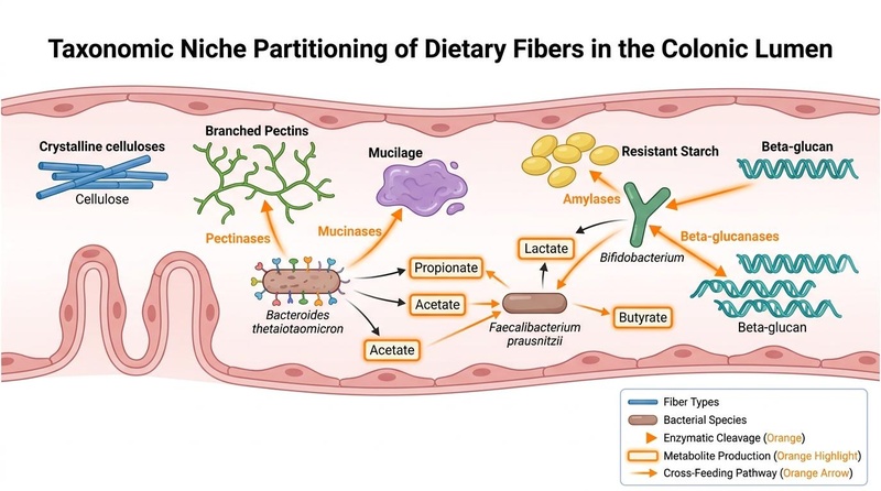 Figure 1: Taxonomic niche partitioning of dietary fibers in the colonic microenvironment. Carbohydrate-active enzymes (CAZymes) expressed by specific bacterial taxa selectively target distinct fiber structures, generating short-chain fatty acids (acetate, propionate, butyrate) and creating metabolic cross-feeding loops. Taxonomic niche partitioning of dietary fibers in the colonic lumen