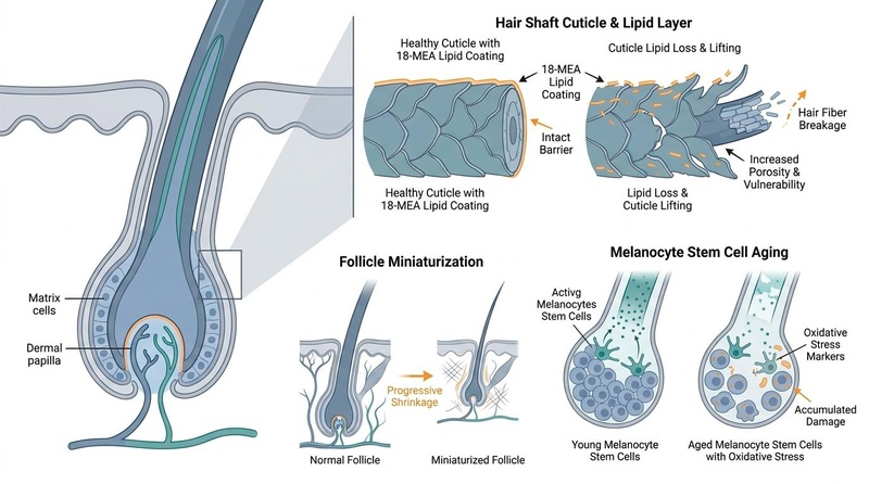 A clean, minimal scientific diagram illustrating hair follicle aging and hair shaft degradation. It shows the hair bulb, dermal papilla, melanocyte stem cell niche, and the layered hair shaft cuticle with 18-MEA lipid coating, highlighting follicle miniaturization, oxidative stress, lipid loss, and hair fiber breakage. Figure 1: Cellular and structural mechanisms of hair aging and quality decline. Follicle miniaturization and melanocyte stem cell stress lead to reduced thickness and loss of pigment (graying), while cuticle lipid loss (specifically 18-MEA) compromises hair shaft integrity, leading to dullness and fiber breakage.