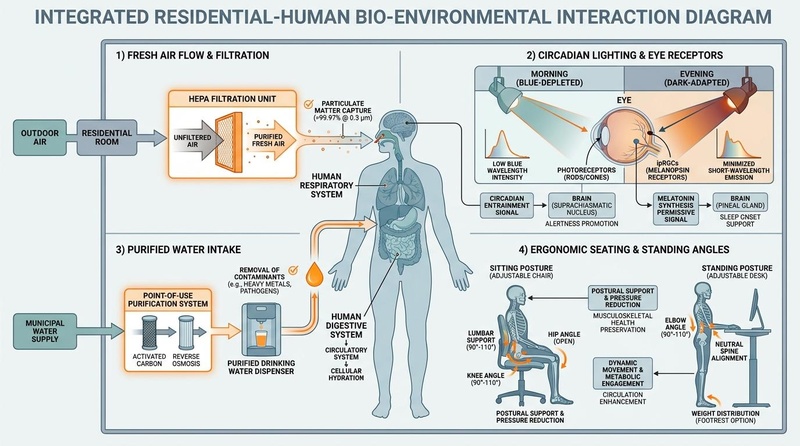 Integrated Residential-Human Bio-Environmental Interaction Diagram. This chart maps core home environmental interventions directly to human anatomical and physiological systems. The Healthy Home Framework