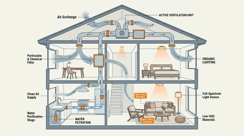 Indoor air quality dynamics inside a residential home, detailing common sources of pollution and active/passive mitigation pathways. Indoor Air Quality Dynamics