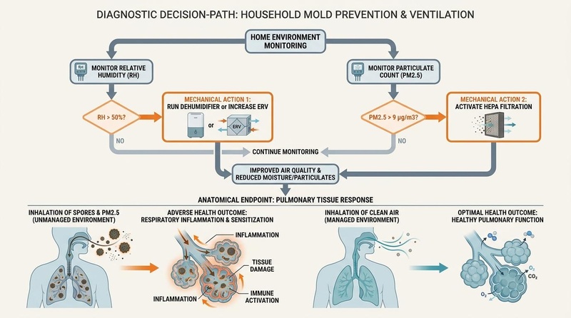 Diagnostic Decision Path: Moisture Control and Ventilation. Shows relative humidity and PM2.5 monitoring pathways linked to mechanical actions and pulmonary tissue response. Diagnostic Decision Path: Mold and Moisture Control