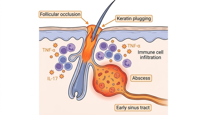 Biomedical diagram illustrating the pathophysiology of HS, showing follicular occlusion, keratin plugging, and immune cell infiltration.