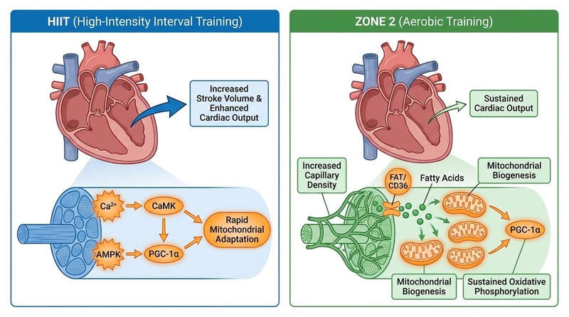 Comparative biological diagram of HIIT versus Zone 2 cellular and physiological adaptations, highlighting central cardiac remodeling vs peripheral capillary and mitochondrial biogenesis.