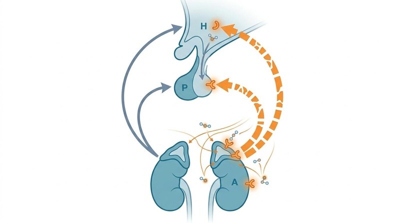 A biomedical illustration depicting the HPA axis feedback loop under chronic stress and aging, showcasing negative feedback pathways between the hypothalamus, pituitary, and adrenal cortex.