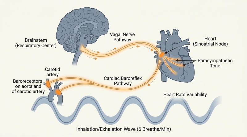A biomedical illustration depicting the neuro-cardiac vagal feedback loop during resonance breathing (6 breaths per minute), showing respiration-coupled heart rate fluctuations.