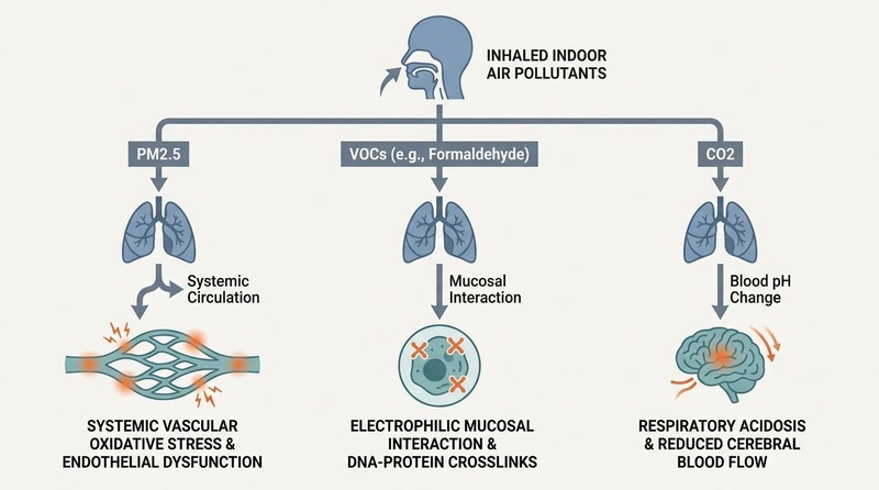 Figure 2: Pathophysiologic cascades of inhaled indoor pollutants on cardiovascular and neurological systems.