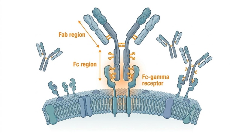 A medical diagram of an IgG antibody showing the Fab and Fc regions, with the Fc region binding to cell surface Fc-gamma receptors to block pathogenic autoantibody binding.