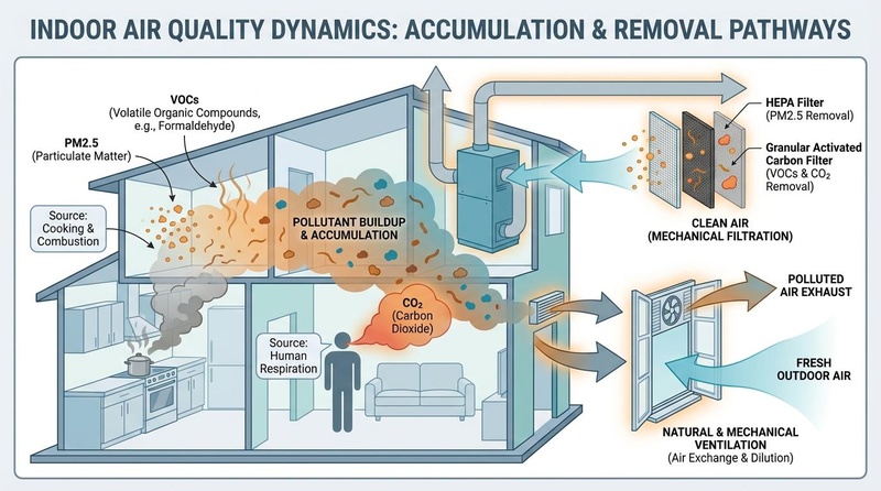 An educational infographic outlining the dynamics of indoor air quality accumulation and removal pathways.
