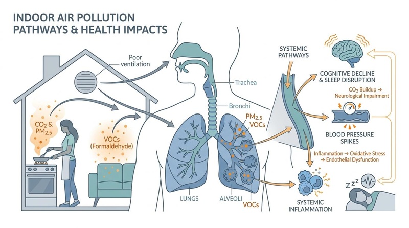 A biological diagram illustrating how indoor air pollutants enter the respiratory tract and enter systemic circulation.