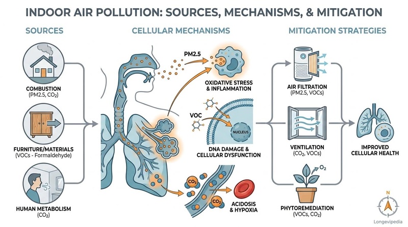 Comprehensive clinical and physiological map of indoor air pollution pathways showing sources, cellular mechanisms, and mitigation strategies.