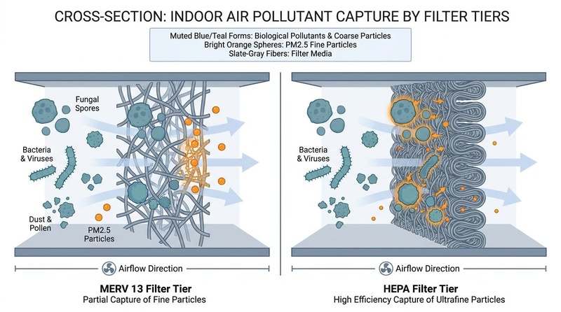 Figure 1: Comparative filtration mechanics of MERV and HEPA filters against PM2.5, VOCs, and biological aerosols.