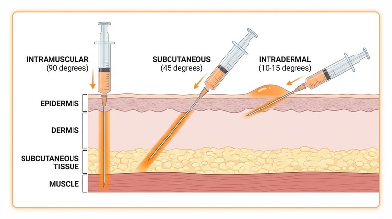 Comparison of insertion angles for IM, SubQ, and Intradermal injections. Injection Angles Diagram