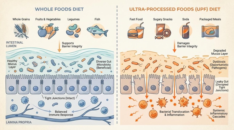 Comparative biomedical illustration of dietary impacts on the intestinal barrier: (Left) Whole Foods Diet maintains a thick, healthy protective mucus layer, diverse beneficial microbiota, intact tight junctions, and a balanced immune environment. (Right) Ultra-Processed Foods Diet degrades the mucus layer, causes severe gut dysbiosis (pathogen overgrowth), disrupts tight junctions (leaky gut), leading to bacterial translocation and a massive systemic inflammatory cascade in the lamina propria. Intestinal Barrier UPF Impact Diagram