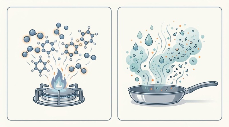 Scientific editorial diagram of kitchen emission sources: left panel showing gas burner combustion releasing nitrogen dioxide (NO2) and benzene, right panel showing cooking pan generating lipid aerosols, ultrafine particles, and non-stick cookware particulate shedding.