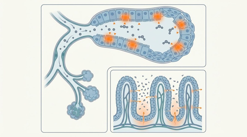 Scientific mechanism illustration showing two primary exposure pathways: upper pathway shows inhaled nitrogen dioxide (NO2) and ultrafine particles (UFP) entering alveolar space, inducing local oxidative stress and mucosal inflammation. Lower pathway shows ingested microplastics traversing the intestinal villi, disrupting epithelial tight junctions, and driving systemic metabolic inflammatory signaling.