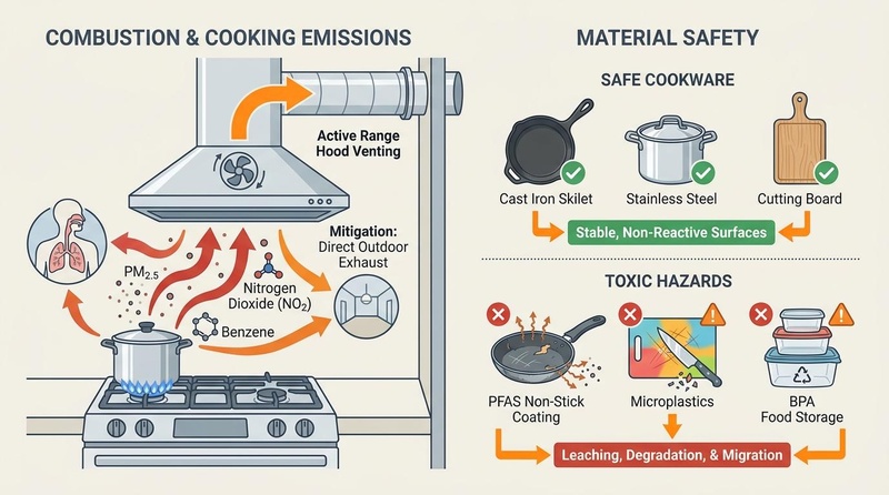 An infographic detailing kitchen hazards and mitigation strategies, comparing gas stove emissions with safe vs. toxic cookware materials. Kitchen Emissions and Material Safety
