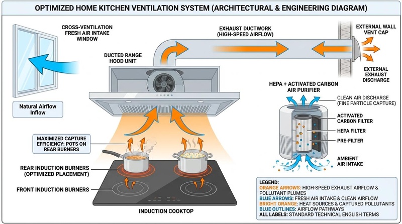 Figure 4: Engineering diagram of an optimized household kitchen ventilation and particulate capture setup. Proper airflow coordinates fresh air intake with mechanical exhaust. Kitchen Ventilation Engineering Schematic