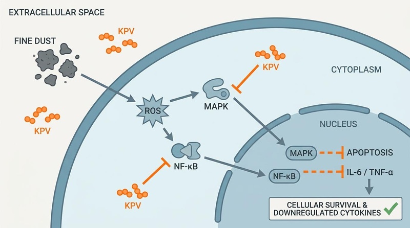 Biomedical diagram showcasing how KPV peptide inhibits MAPK and NF-kB pathways in skin keratinocytes to suppress fine dust-induced oxidative stress, apoptosis, and cytokine release.