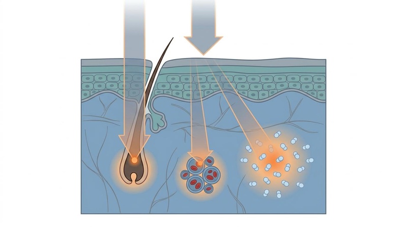 Biomedical diagram illustrating the selective targeting of skin structures (hair follicle, blood vessels, water) by specific light wavelengths.