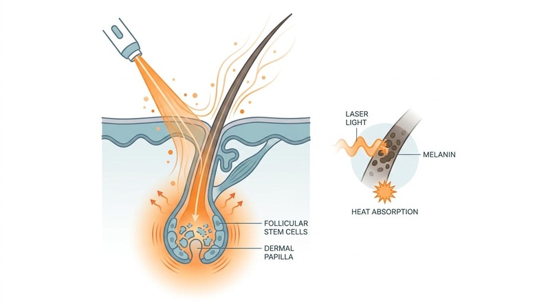 Diagram of selective photothermolysis in laser hair removal showing laser energy targeting melanin in the hair shaft and propagating heat down to damage follicular stem cells and the dermal papilla.