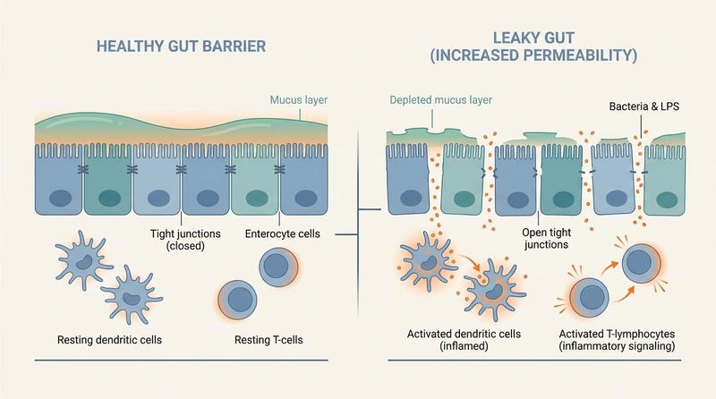 Healthy Intestinal Barrier vs. Increased Intestinal Permeability