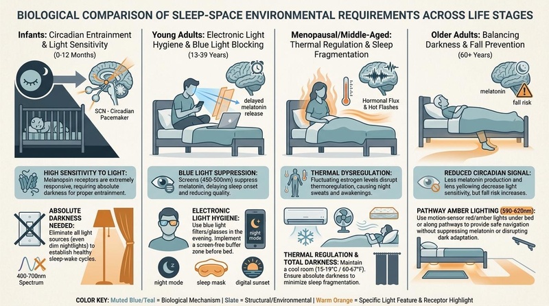 Biological comparison diagram of sleep-space environmental requirements across four major life stages