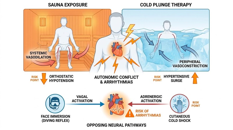 Biomedical diagram detailing the physiological mechanisms of contraindications and risks in heat and cold therapy, highlighting hemodynamic strain, autonomic conflict, and vasospastic reactions.
