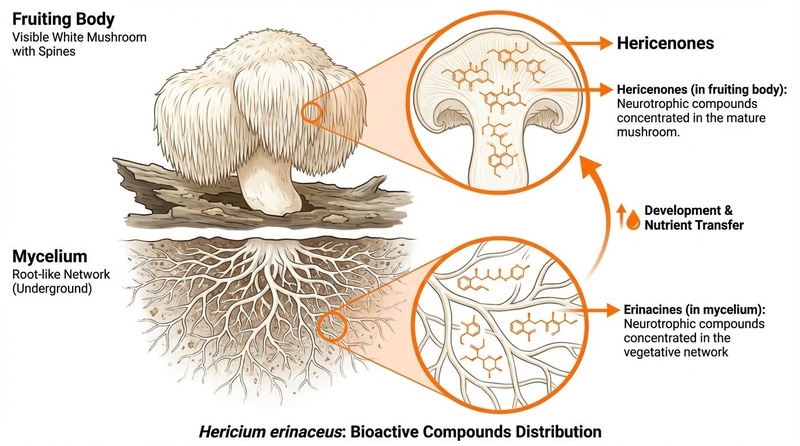 Distribution of Bioactive Compounds in Hericium erinaceus