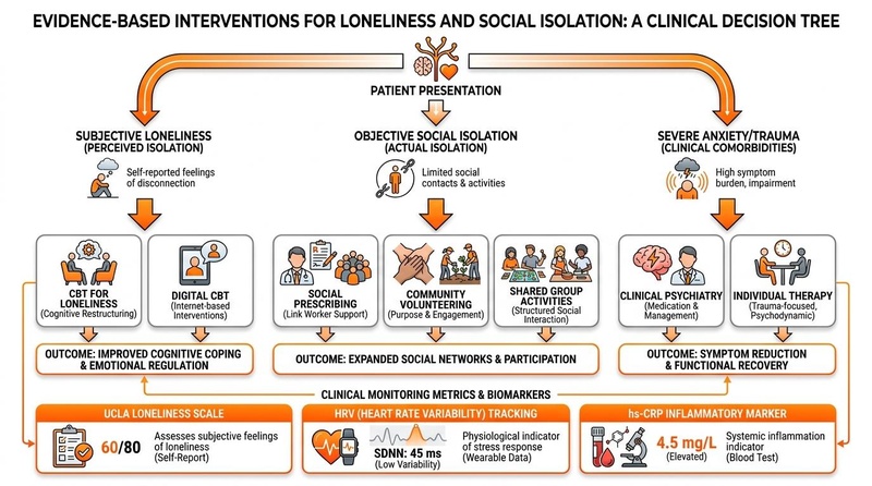 A clinical flowchart showing pathways for addressing loneliness and social isolation based on patient presentation, along with monitoring metrics like UCLA scale, HRV, and hs-CRP.