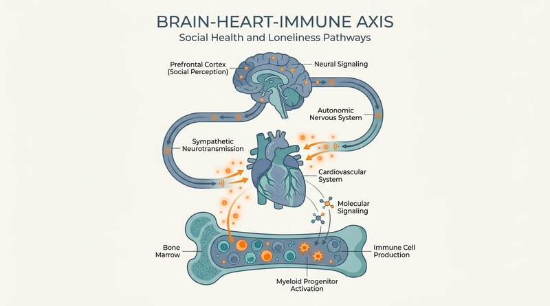 A biological diagram illustrating the physiological and molecular pathways of loneliness and social health, showing the brain-heart-immune axis.