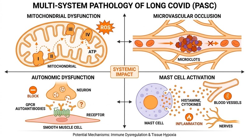 Infografía biomédica que ilustra la patología multisistémica del Long COVID (PASC)