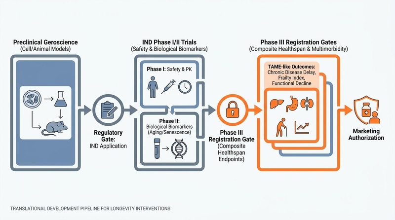 Biomedical flow diagram showing the regulatory development gates for longevity interventions, from target discovery and preclinical validation, through IND filing and safety trials, to final regulatory approval based on composite healthspan endpoints.