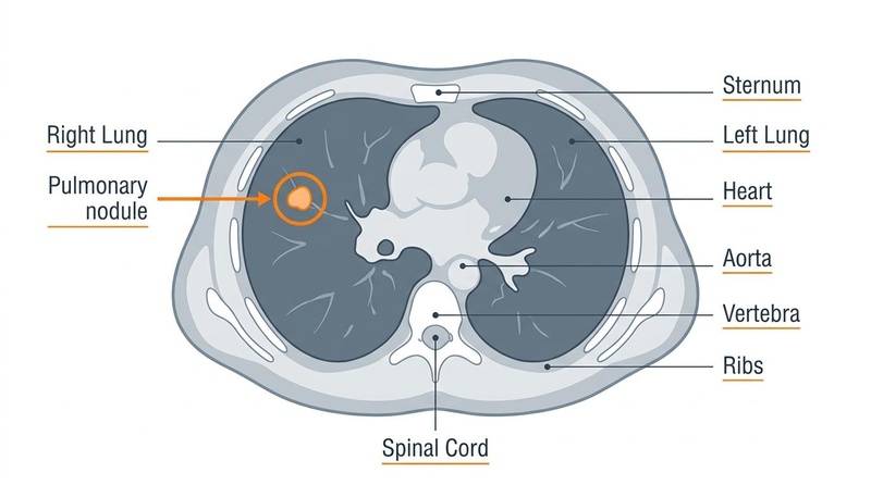 A professional medical illustration of an axial thoracic chest CT scan with clear anatomical labels showing a highlighted pulmonary nodule.