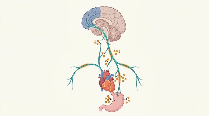 Biomedical diagram of the neurovisceral and vagal pathway through which a sense of meaning downregulates systemic inflammation.
