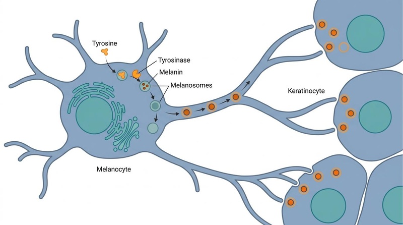 Clean, elegant biomedical illustration of the melanogenesis pathway within a melanocyte, showing tyrosine conversion to melanin and melanosome transport along dendrites to keratinocytes. Figure: Melanogenesis Pathway. Tyrosinase catalyzes the conversion of tyrosine to melanin inside melanosomes, which are then transported along dendritic processes to adjacent keratinocytes.