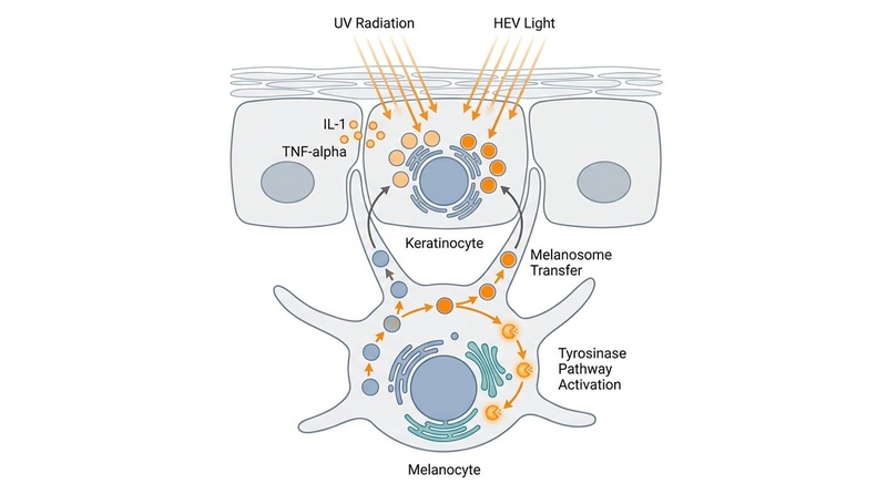 Biomedical diagram of melanogenesis pathways, highlighting tyrosinase inhibition and plasminogen activation sites