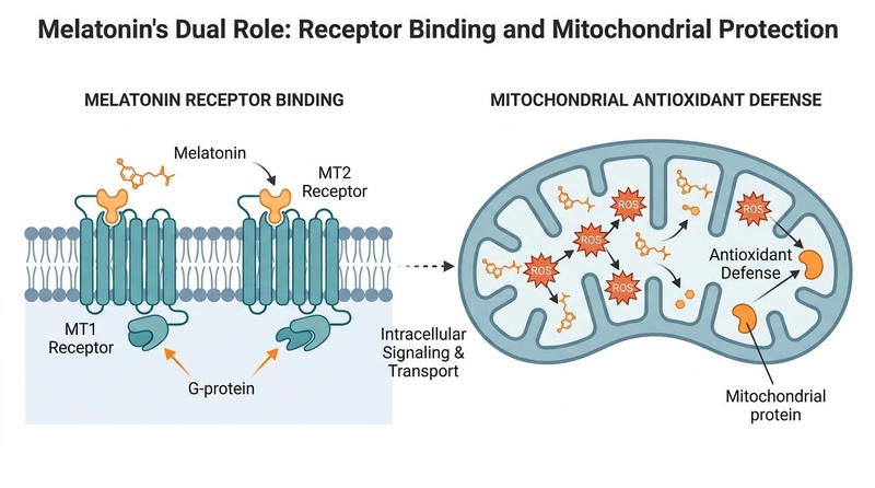 Biomedical diagram illustrating melatonin's dual mechanism of action: membrane receptor binding (MT1/MT2) and direct mitochondrial import/antioxidant activity.