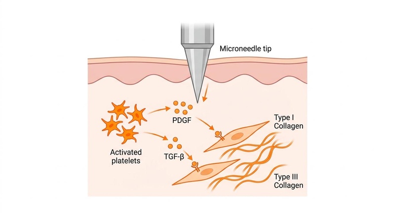 Biomedical diagram of the cellular cascade during microneedling, demonstrating platelet activation and growth factor release triggering collagen synthesis in fibroblasts.