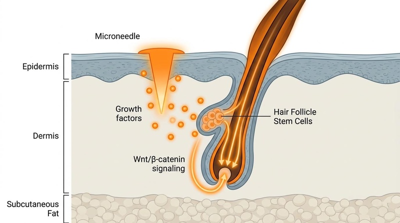 Cross-section diagram illustrating microneedle stimulation of hair follicle stem cells and Wnt/beta-catenin pathway.