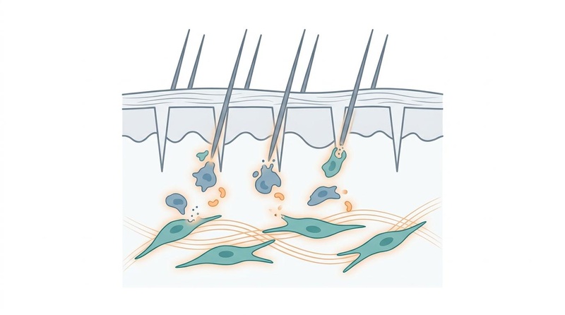 Diagrama editorial biomédico de la terapia de microneedling y Plasma Rico en Plaquetas (PRP) que muestra los mecanismos celulares de inducción de colágeno, remodelación de cicatrices y estimulación folicular.