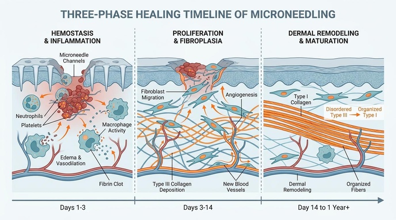 Timeline diagram detailing the three-phase wound healing response of microneedling.
