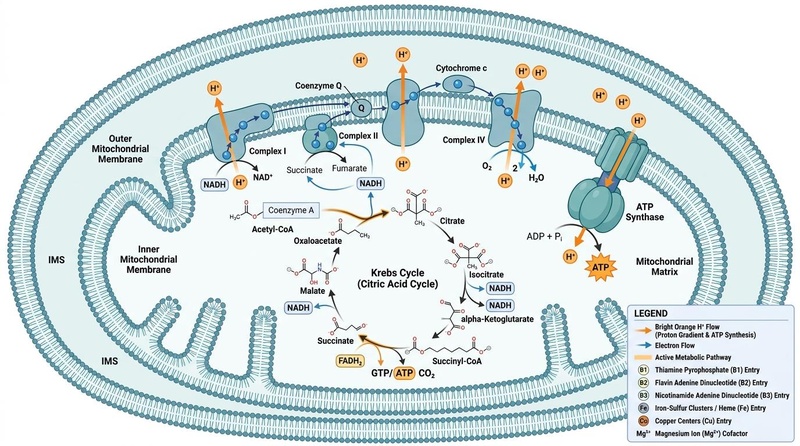 Mitochondrial Respiration & Micronutrient Cofactor Pathways: Depicts the double-membrane topology, active proton pumping into the intermembrane space, ATP Synthase-mediated oxidative phosphorylation, and the specific entry points of key metabolic cofactors (B1, B2, B3, Fe, Cu, Mg²⁺) required for cellular energy production. Cellular and Mitochondrial Pathways of Micronutrients