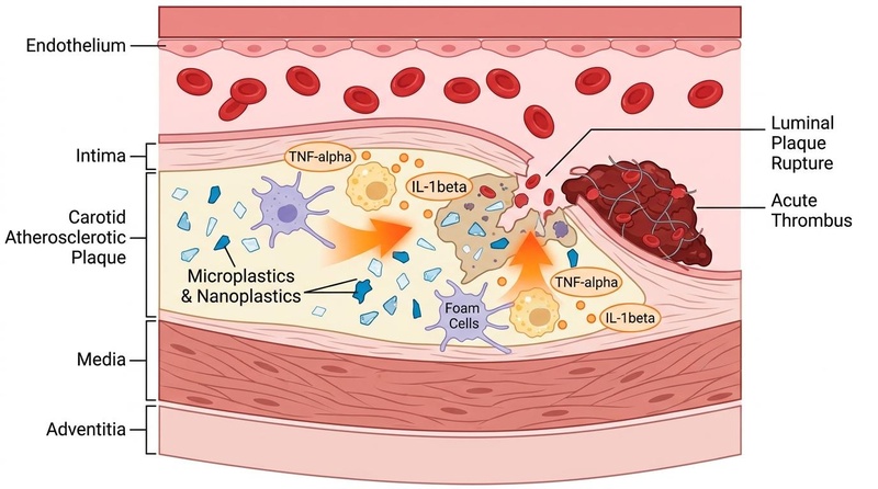 Biomedical diagram illustrating the pathophysiology of carotid plaque destabilization driven by microplastic and nanoplastic bioaccumulation and subsequent cytokine release (TNF-alpha, IL-1beta).