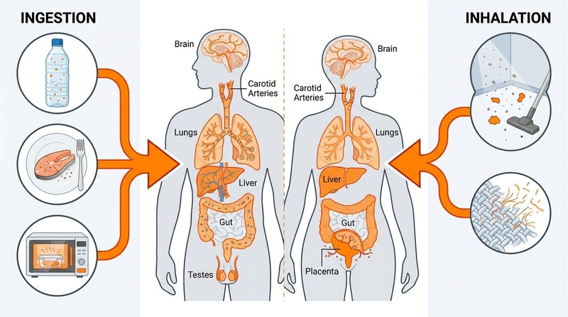 A comprehensive biomedical infographic showing parallel pathways of human microplastics exposure via ingestion and inhalation, connected via orange arrows to split central silhouettes of a male showing testicular deposition and a female showing correct anatomical placental deposition.