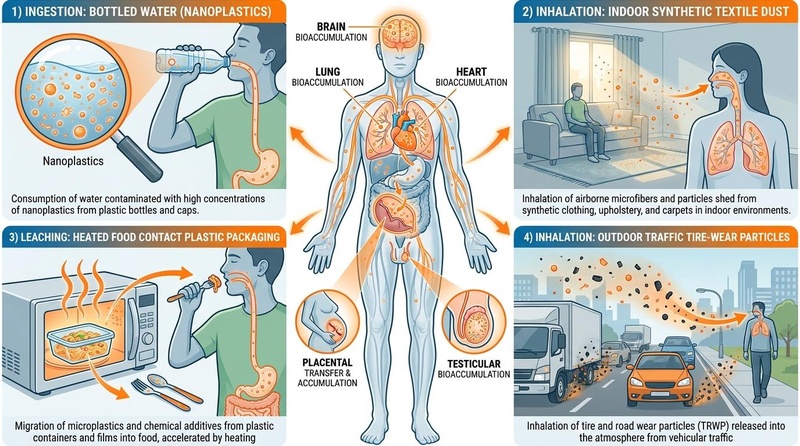 Pathways of microplastics and nanoplastics exposure and systemic bioaccumulation.