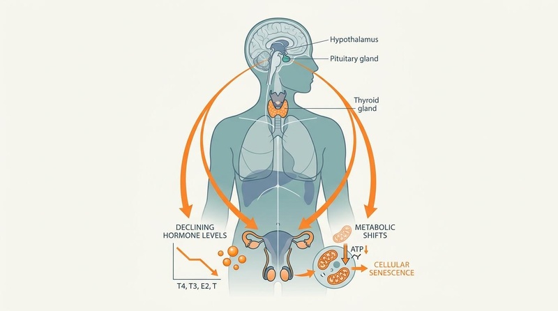 Biomedical diagram detailing the midlife endocrine transition, representing hypothalamic-pituitary regulation of sex hormones and growth factors, and downstream visceral adiposity and neuroplastic recalibration.